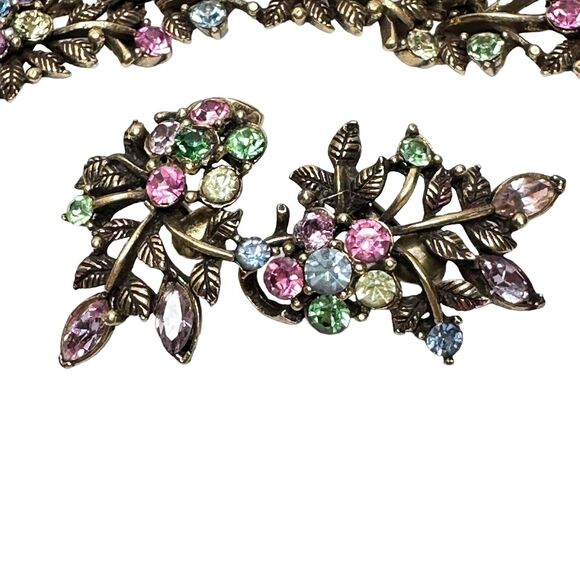 Vintage Set Signed CORO Bracelet 7" & Earrings Antique Gold Tone Rhinestones - Picture 8 of 16